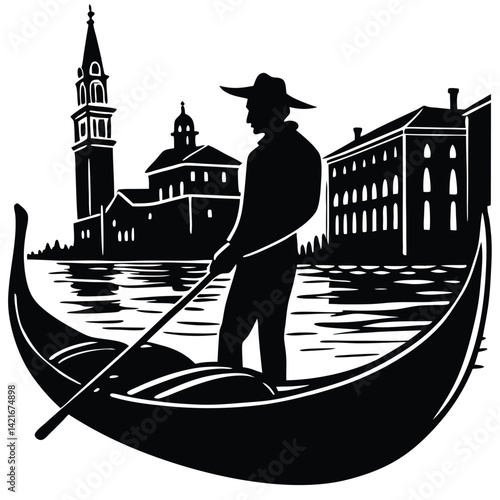 Venice Gondola Silhouette Vector: Italian Canal Boat, Gondolier, Landmarks, Travel Illustration, Black and White Graphic Art