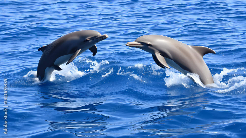 Obraz premium Bottlenose dolphin leaping out of the blue water onto their backs Generative AI