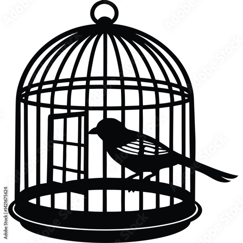 Bird in Cage Silhouette Vector: Black and White Illustration of a Bird Trapped in a Vintage Birdcage, Decorative Graphic Design Element