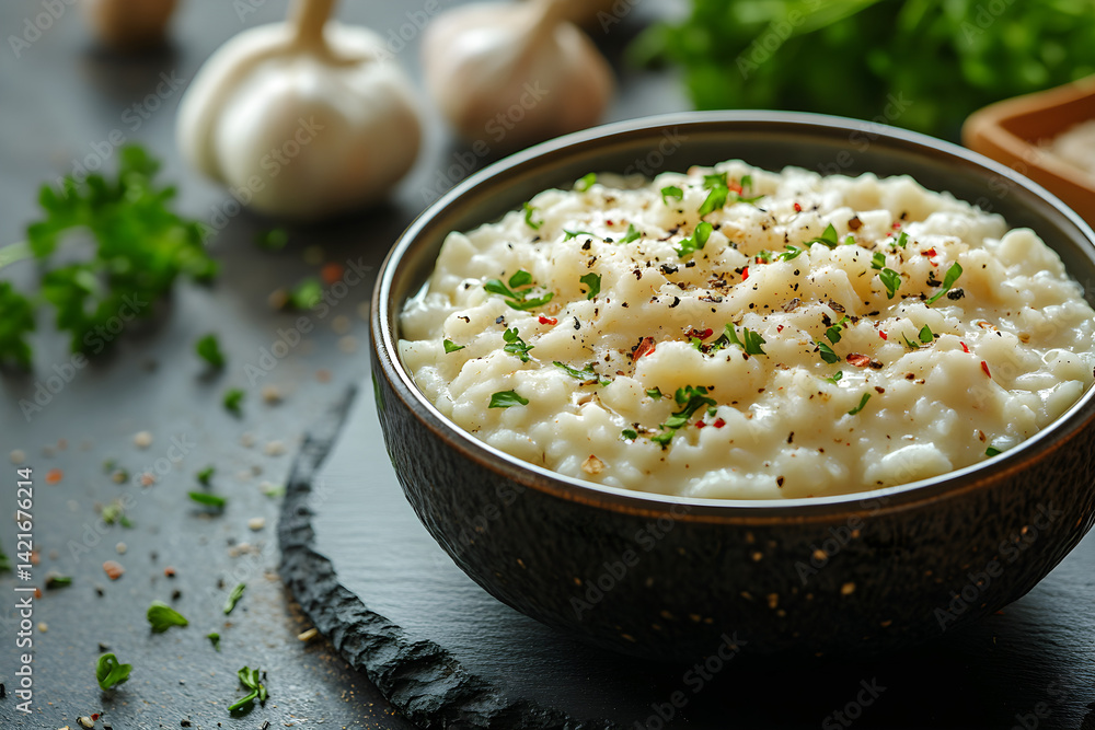 Risotto styled on rustic black stone table with side ingredients Risotto styled on rustic black stone table with side ingredients