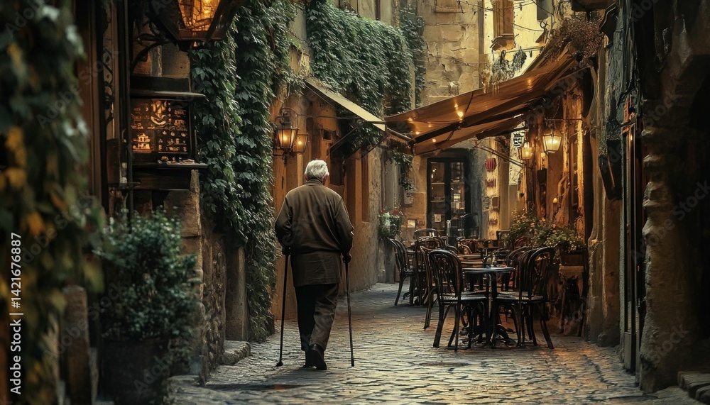 Naklejka premium Solitude in a Picturesque Italian Street: An Elderly Man's Tranquil Walk Through History
