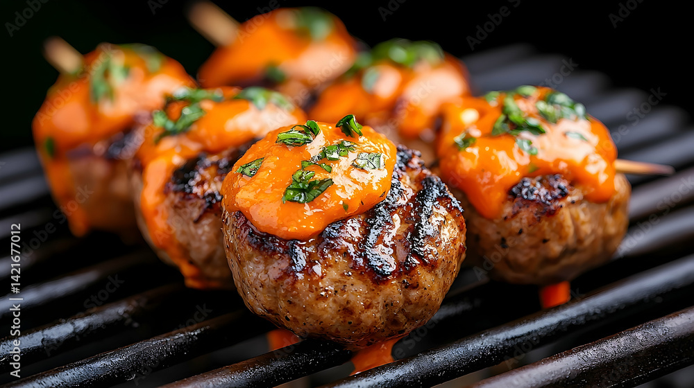 Grilled Meatballs with Orange Sauce on a Barbecue Grill Grilled Meatballs with Orange Sauce on a Barbecue Grill