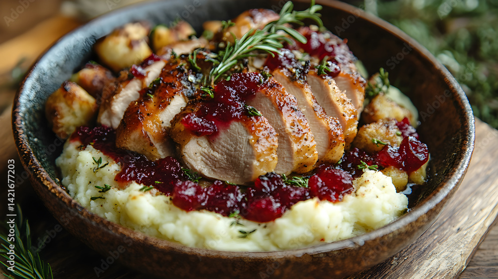 Roast turkey served with stuffing, mashed potatoes, and cranberry sauce