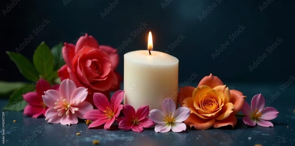 Single white candle surrounded by assorted flowers on dark backdrop, flowers, background, festive Single white candle surrounded by assorted flowers on dark backdrop, flowers, background, festive