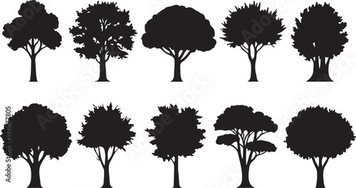 A set of black silhouettes of various trees and plants, including deciduous trees, evergreens, and shrubs.