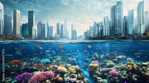 A surreal cityscape submerged underwater, with vibrant coral reefs and marine life swimming amongst towering buildings. Mirage Flood. Illustration