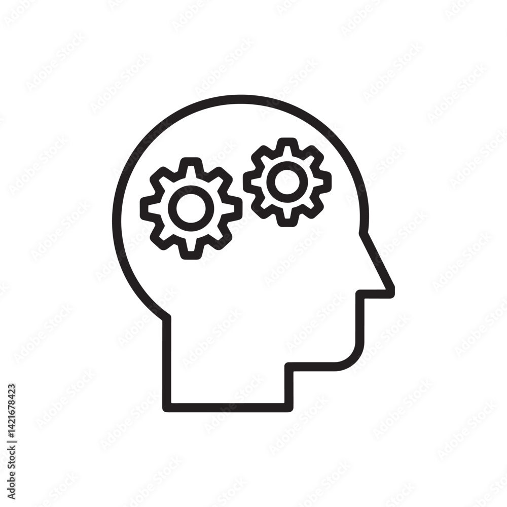 Black Human Head Profile Icon with Gears Inside Representing Thinking, Cognition, and Problem-Solving for Mental Processes, Editable Vector Illustration Isolated on a White Background Black Human Head Profile Icon with Gears Inside Representing Thinking, Cognition, and Problem-Solving for Mental Processes, Editable Vector Illustration Isolated on a White Background