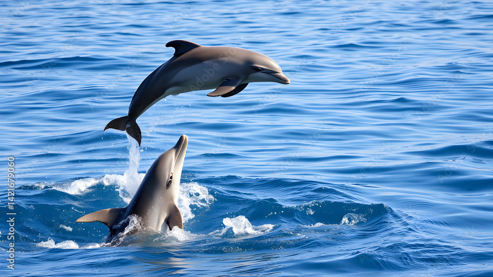 Obraz premium Bottlenose dolphin leaping out of the blue water onto their backs Generative AI