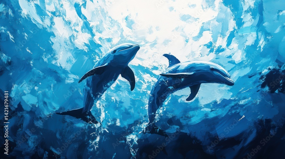 Obraz premium Dolphins playing in a captivating turquoise seascape underwater painting