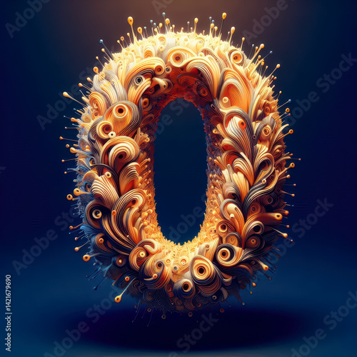 Extravagant design of number zero created with colorful swirls and intricate patterns in artistic arrangement on a dark background