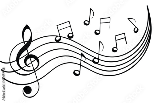 Musical notes stave, line pattern. symbols or icon for staff and music key note theme. Treble background wave. Piano, jazz sound notes. Vector key sign.
