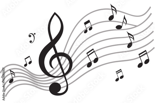 Musical notes stave, line pattern. symbols or icon for staff and music key note theme. Treble background wave. Piano, jazz sound notes. Vector key sign.