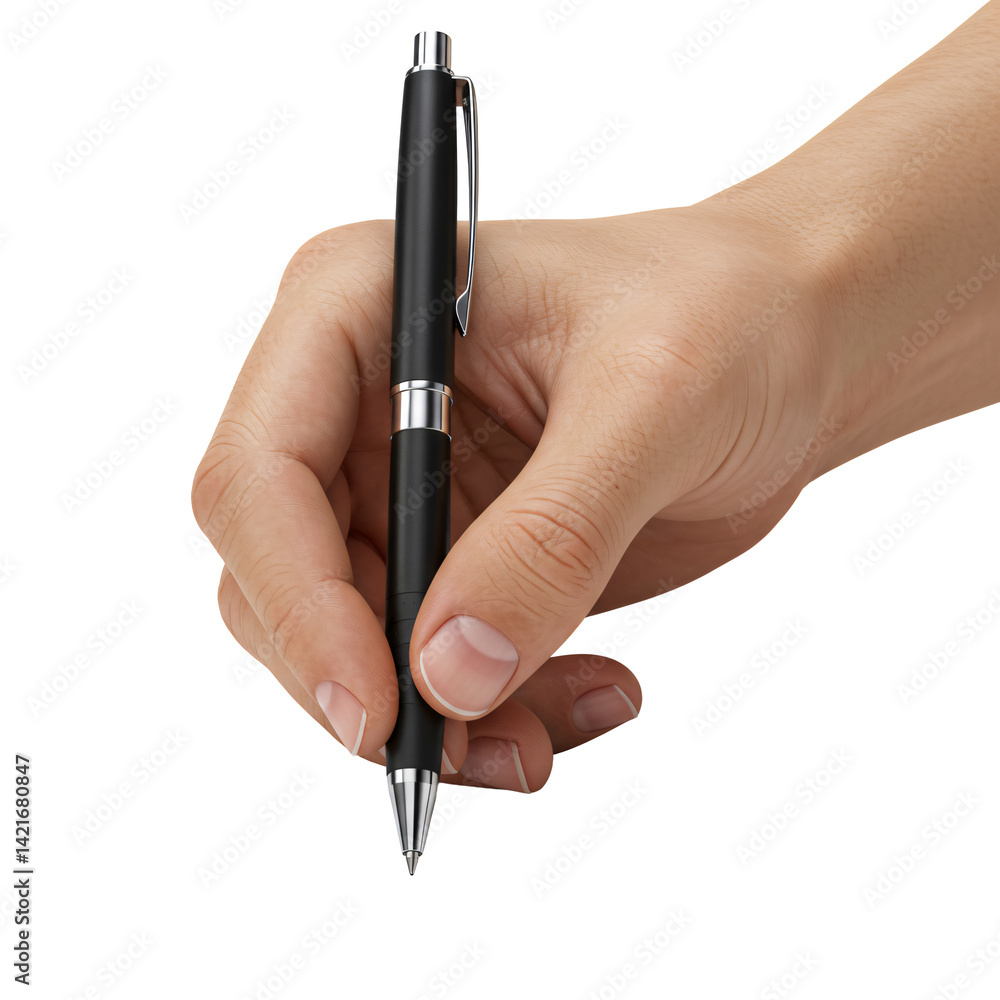 Hand holding black pen, realistic style, isolated on transparent background Hand holding black pen, realistic style, isolated on transparent background