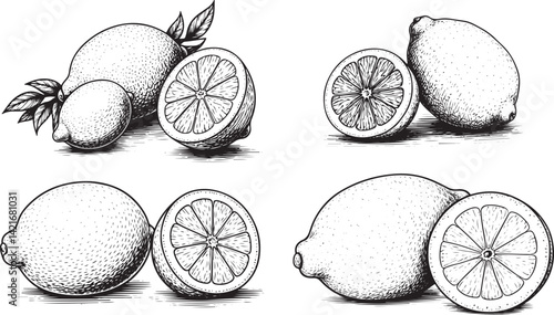 four different pictures of a lemon sketch