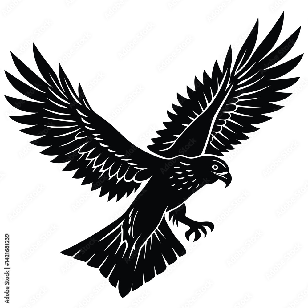 Fototapeta premium Black and White Eagle Vector Illustration: Majestic Bird of Prey in Flight, Detailed Graphic Design for Logos and Art Projects