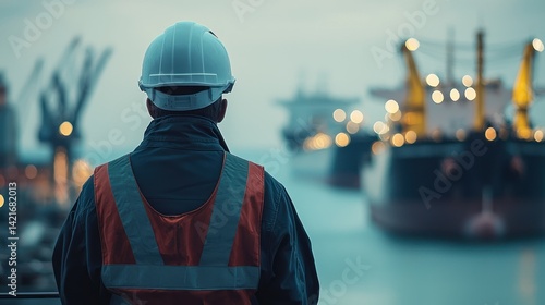 Worker Observing Cargo Ships in Port at Dusk with Safety Gear