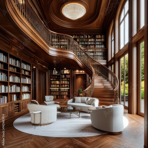 Exquisite Home Library Design A Luxurious Interior with Wooden Bookshelves, a Captivating Spiral Staircase, and Elegant White Sofas Explore this sophisticated reading room bathed in natural light