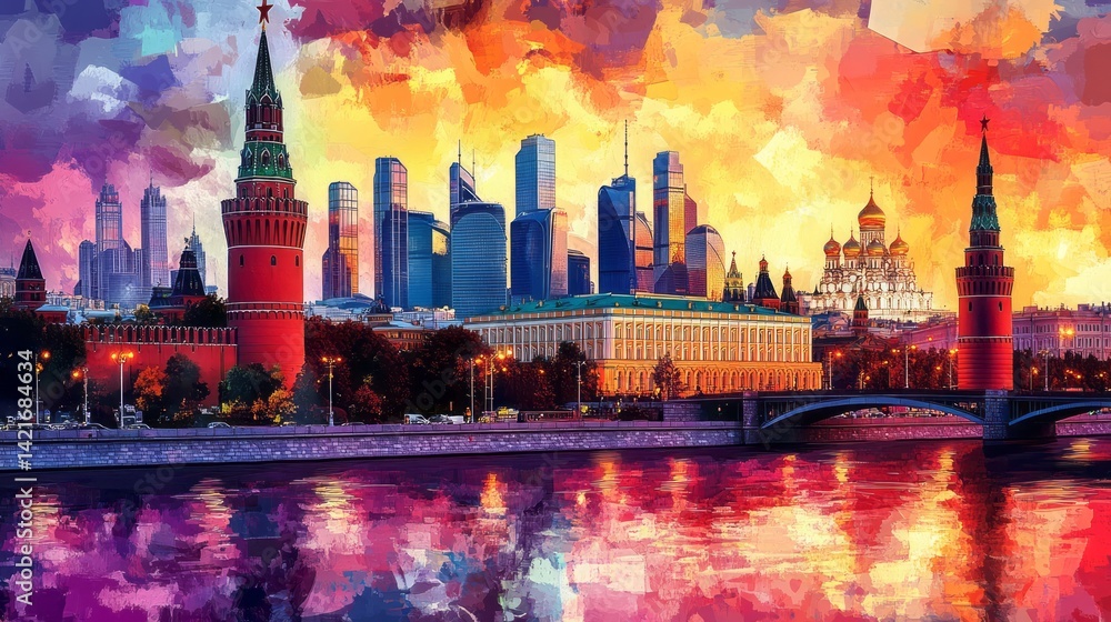 Fototapeta premium A vibrant painterly depiction of Moscow Russia skyline