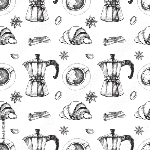 Vector hand drawn seamless pattern with geyser metal coffee maker, coffee mug top view, croissant, cinnamon sticks, anises and coffee beans. Can be used on fabrics and paper products and other