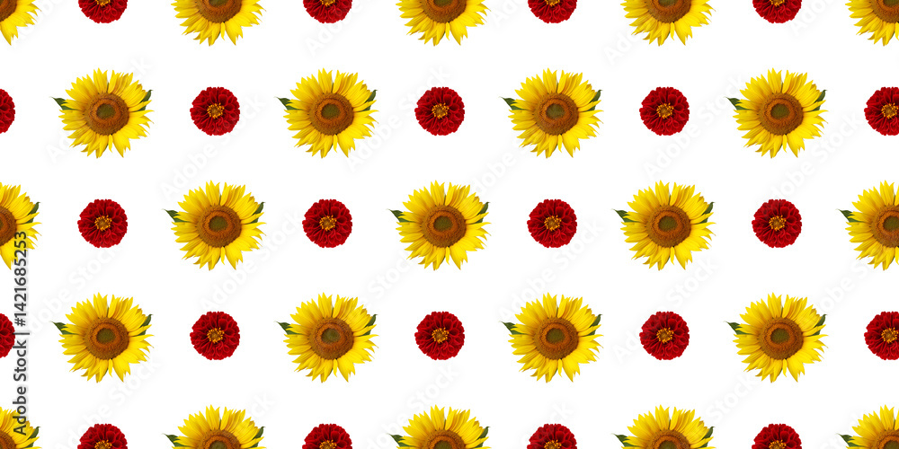 Seamless pattern with sunflowers and red Dahlia elegans creating a vibrant floral design Seamless pattern with sunflowers and red Dahlia elegans creating a vibrant floral design