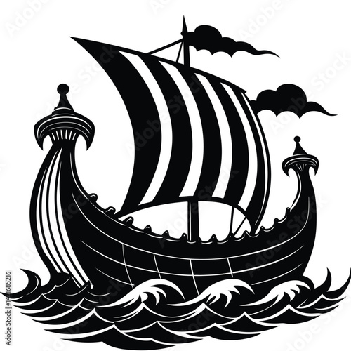 Black Viking Ship Silhouette on Waves, Vector Illustration, Nautical Design