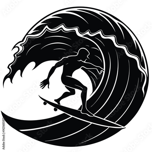 Black Silhouette Surfer Riding Wave Logo Design, Surfing Art, Ocean Sports Icon
