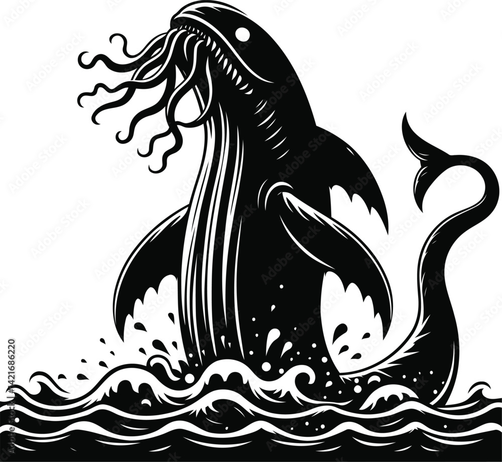 Fototapeta premium Mythical Sea Leviathan Rising Amid Storm – Dramatic Underwater Beast in Fantasy Scene