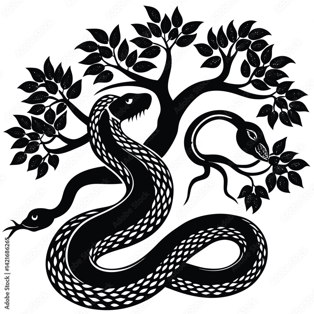 Fototapeta premium Black Silhouette: Serpent Coiled Around Tree of Knowledge, Temptation, Eden Art
