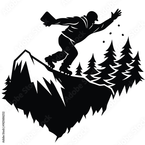 Silhouette of Snowboarder on Mountain with Trees, Black and White Vector Art