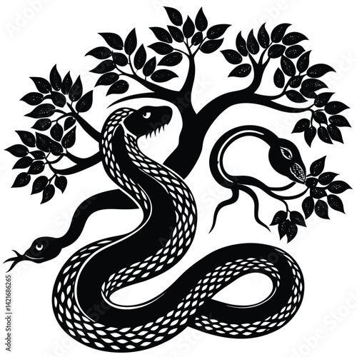 Black Silhouette: Serpent Coiled Around Tree of Knowledge, Temptation, Eden Art