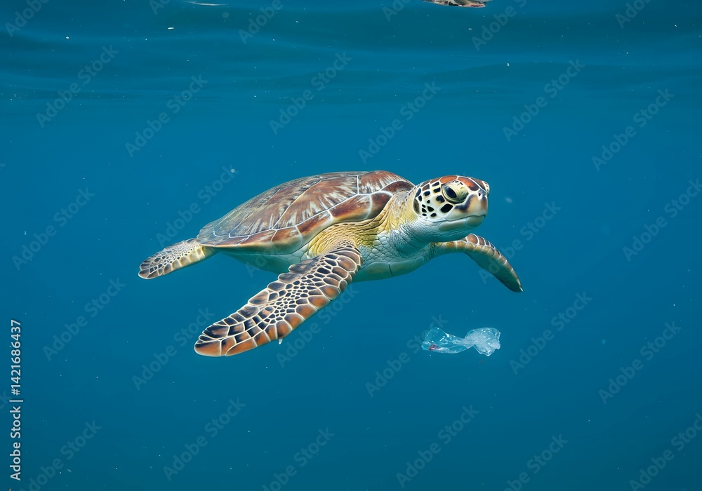 Fototapeta premium Ocean Turtle Swimming Near Plastic Pollution A Plea for Marine Conservation