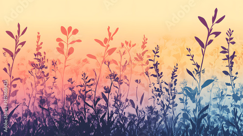 Whispering Petals: Silhouetted against a gradient of vibrant colors, this image reveals a serene display of delicate wildflowers and grasses, their forms softly defined to evoke tranquility. 