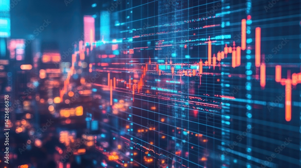 Financial Market Data Visualized Over Night Cityscape Financial Market Data Visualized Over Night Cityscape
