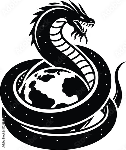 Epic Leviathan Coiled Around the Earth,  Biblical Sea Creature in Cosmic Fantasy Battle