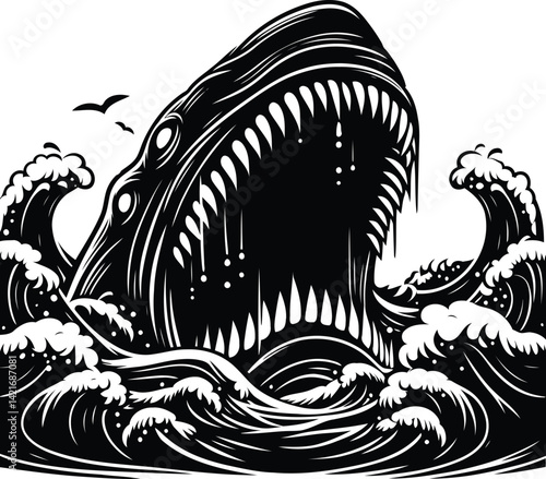Massive Leviathan Jaws Rising from Waves – Mythical Sea Monster Emerging in Dramatic Art