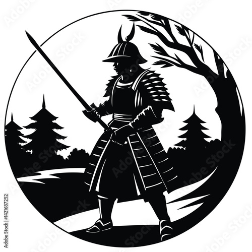 Black Silhouette Samurai Warrior with Katana Sword in a Japanese Landscape