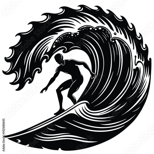 Black and White Surfer Riding a Wave Vector Illustration | Surfing Graphic Design | Ocean Wave Art | Water Sport Clip Art