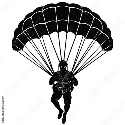 Black and White Parachutist Silhouette Vector: Skydiver Illustration, Parachute Jump, Airborne Military, Extreme Sport Graphic Design