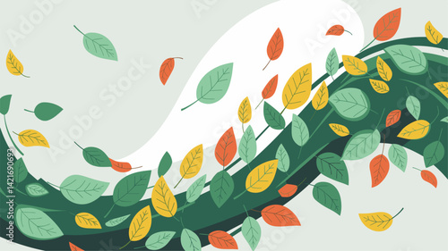 A dynamic vector illustration featuring colorful autumn leaves flowing along a gentle curve against a soft background. Perfect for seasonal themes and nature designs.