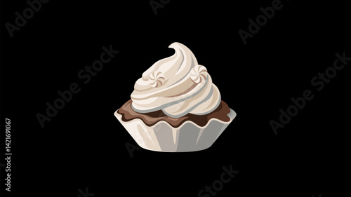A tempting vector illustration of a chocolate cupcake topped with rich, creamy frosting, set against a sleek black background. Ideal for dessert themes.