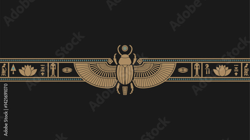 A striking vector illustration featuring an ornate scarab beetle flanked by stylized hieroglyphics and lotus flowers, set against a solid black background. Perfect for cultural themes.