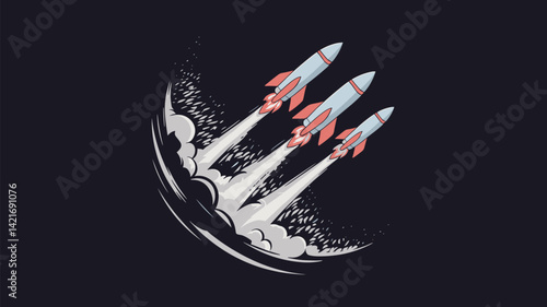 This vector illustration showcases three rockets launching into space against a dark background, symbolizing innovation, technology, and forward momentum. Perfect for growth-related themes.