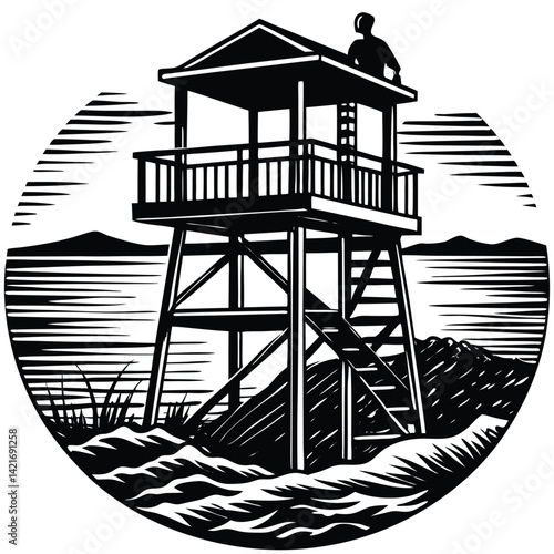 Black and White Woodcut of a Lifeguard Tower on a Beach with Ocean View