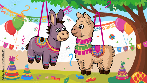 Cheerful cartoon piñatas of a donkey and llama hang under a vibrant tree, adorned with festive decorations, balloons, and party hats. Perfect for children's celebrations!