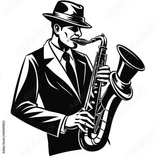 Black and White Jazz Musician Playing Saxophone in a Suit and Fedora