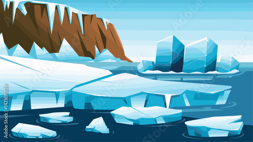 A vibrant vector illustration depicting a serene icy seascape. The image features floating icebergs, a rugged cliff, and crystal-clear waters, perfect for winter-themed projects.