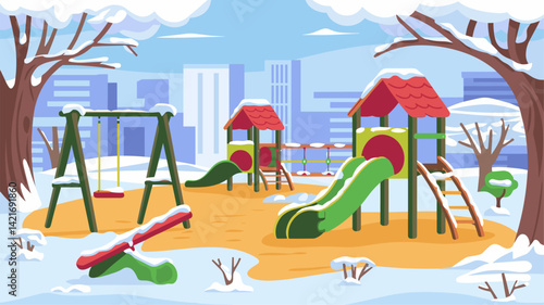 A vibrant playground scene depicting colorful play structures, including slides and swings, coated in fresh snow. The winter setting showcases bare trees, making it a perfect illustration fo...