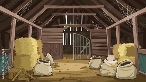 A detailed vector illustration depicting the interior of an abandoned barn. Features hay bales, sacks, wooden elements, and spider webs, creating a rustic atmosphere.