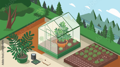 A vibrant vector illustration depicting a modern greenhouse surrounded by greenery and distant mountains. Features potted plants, gardening tools, and a serene landscape. Perfect for gardeni...