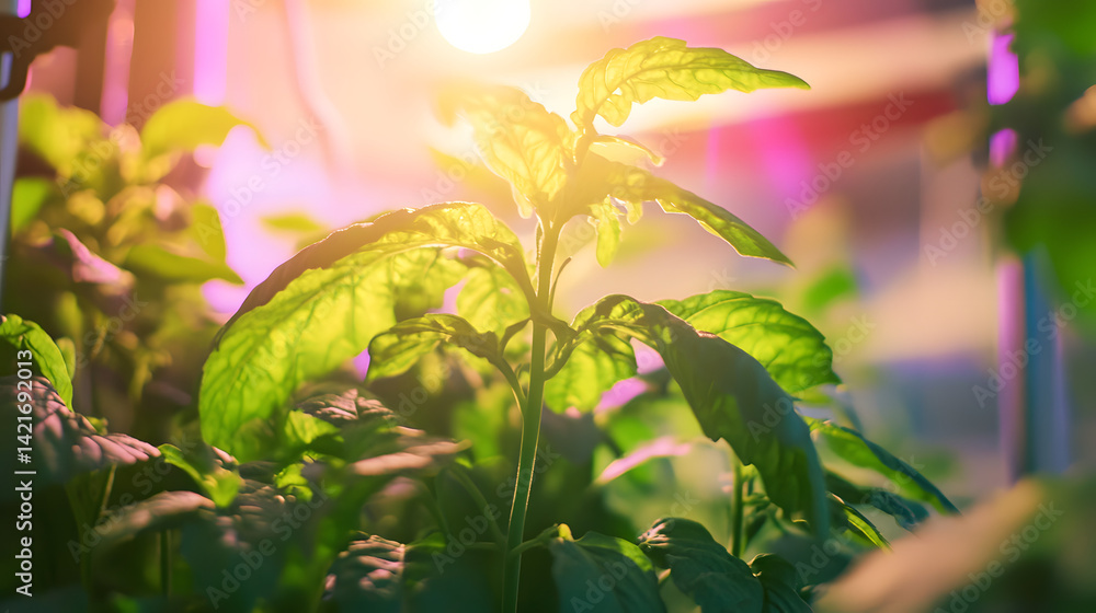 Obraz premium Green Growth: A close-up image of a thriving tomato seedling bathed in the warm glow of the setting sun. This image captures the vibrant essence of new life emerging and blooming. 